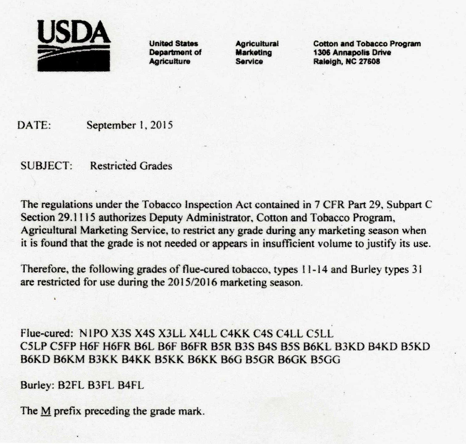 USDA Standard Grades Addendum (2015)